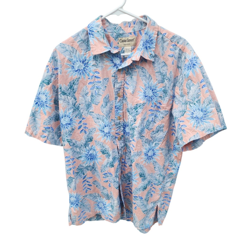 Cooke Street Honolulu Mens Large Cotton Tropical Leaf Aloha Hawaiian Shirt Blue